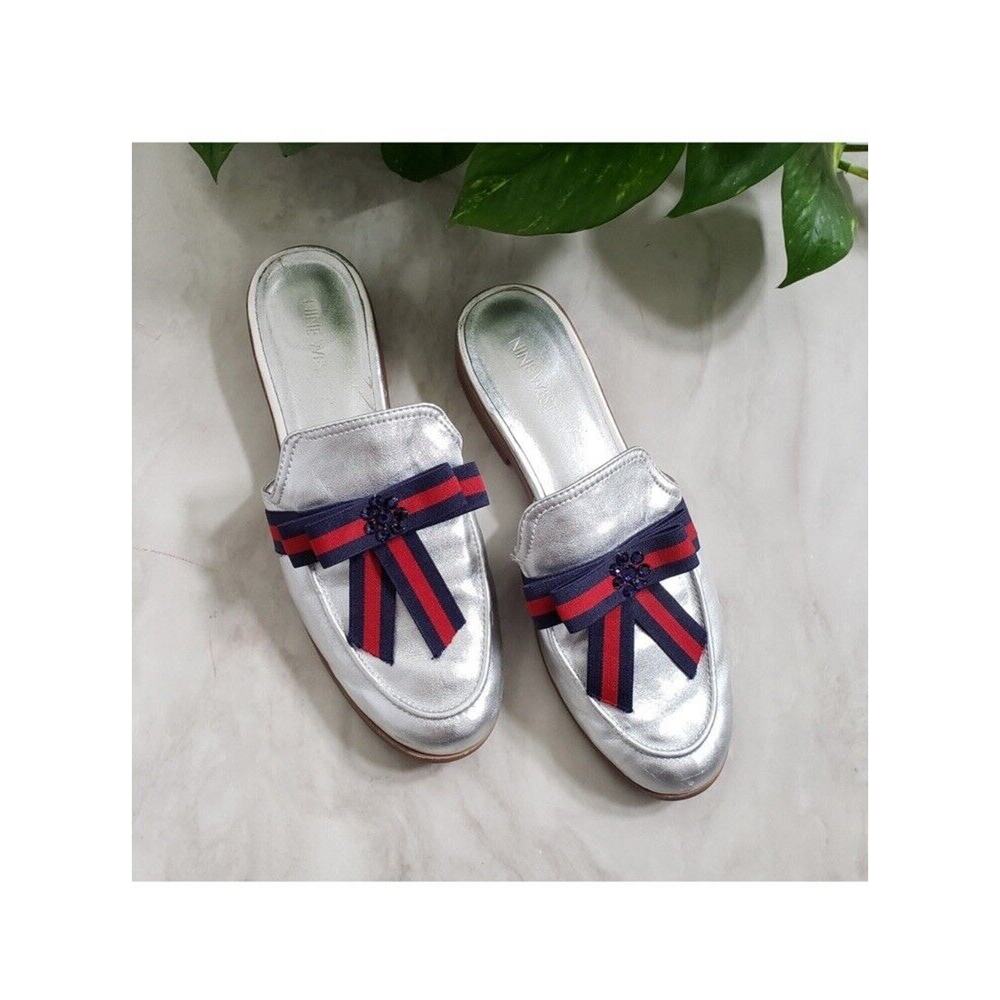 Nine West Silver Leather Jumanah Mules Loafer Stripe Bow Slip On 9 Shoe Metallic